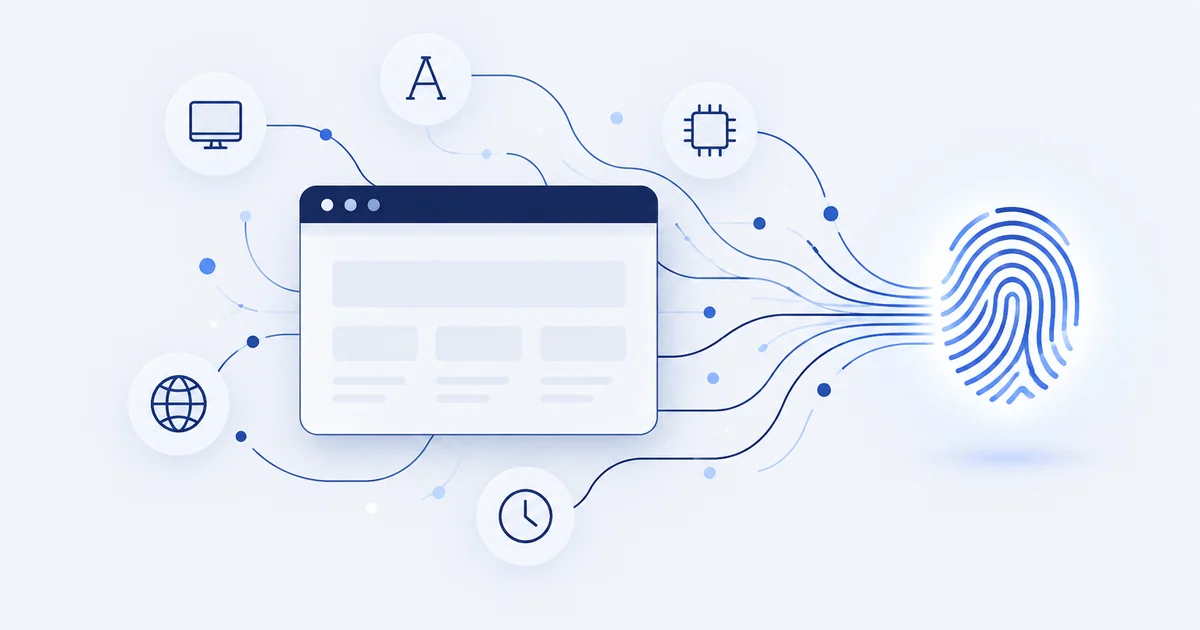 Illustration of a browser window with small icons for screen, font, processor, location and time all flowing into a single fingerprint.