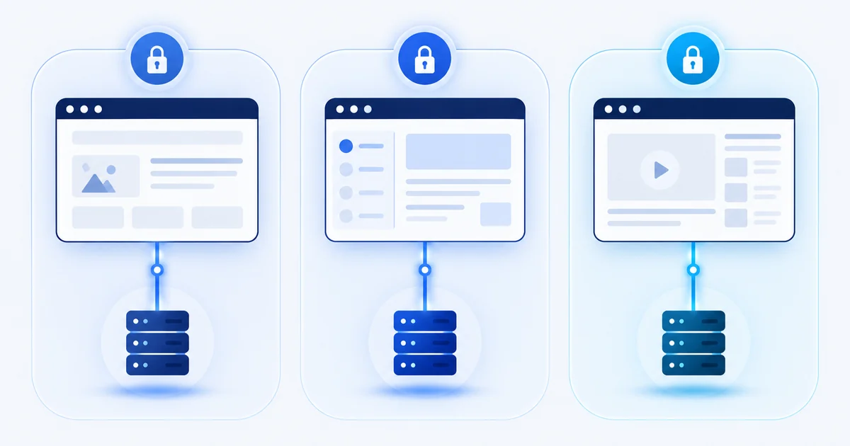 Illustration of three separate browser windows, each inside its own locked container and connected to its own server.