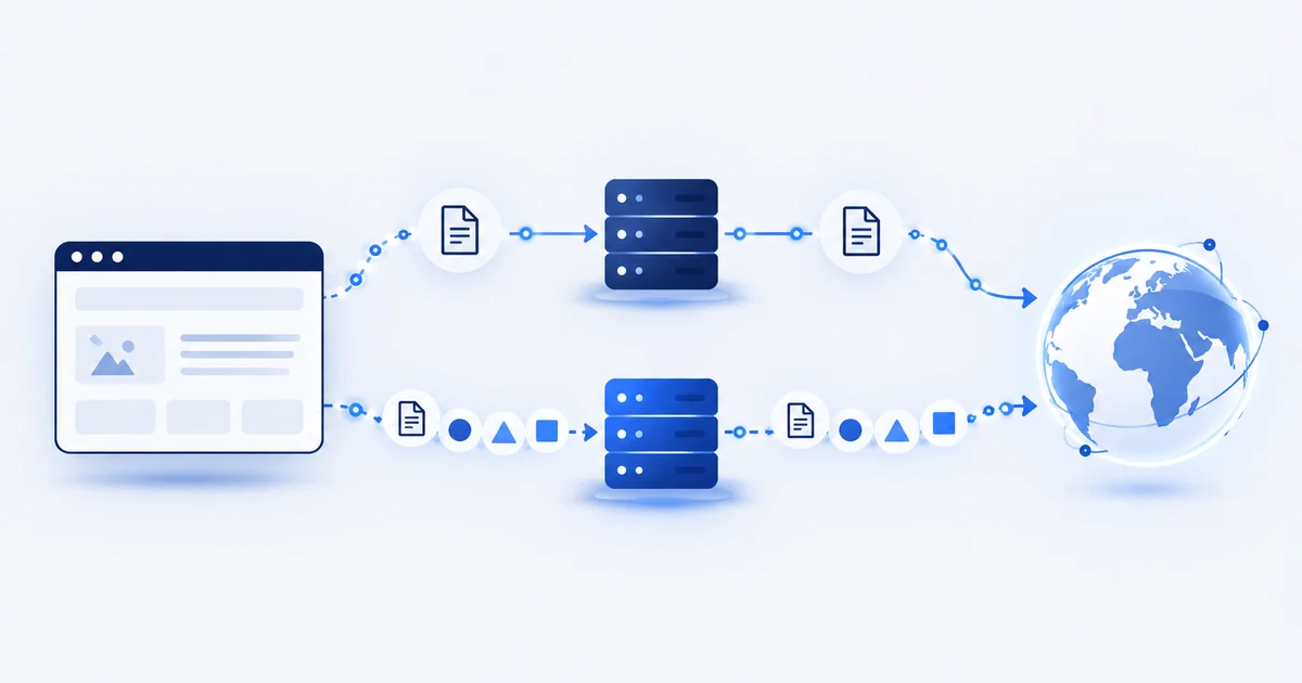 Illustration of two routes from a browser to the internet, each passing through a proxy server, one carrying simple page data and the other mixed traffic.