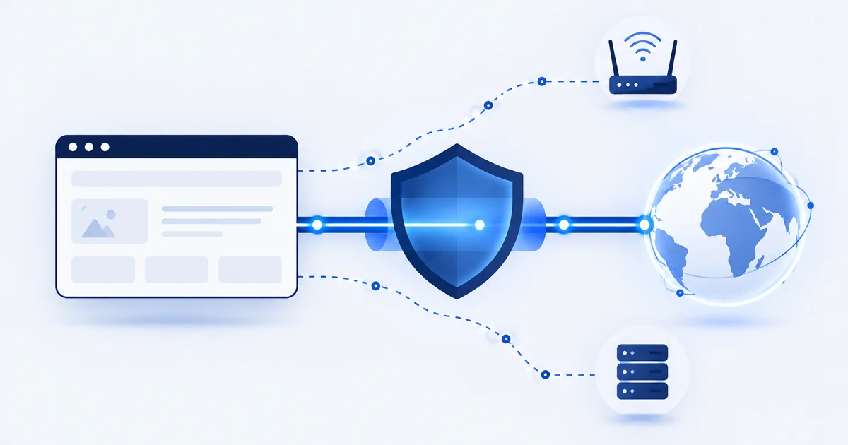 Illustration of a browser connected through a shield-shaped protected tunnel to a globe, with two dashed lines escaping around it to a router and a server.